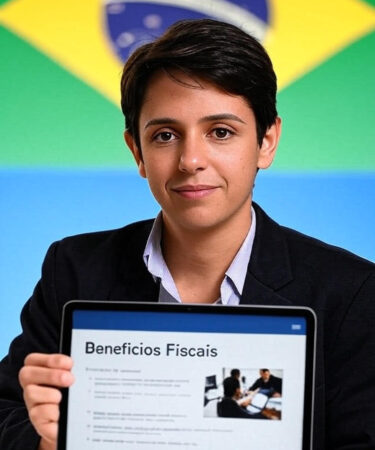 Pessoa em perfil segurando tablet com tela exibindo informações sobre "Benefícios Fiscais" em ambiente de escritório, com cores da bandeira do Brasil ao fundo, simbolizando benefícios governamentais.