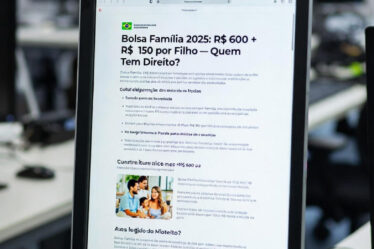 Tablet exibe Bolsa Família 2025: R$ 600 + R$ 150 por filho em escritório com bandeira do Brasil