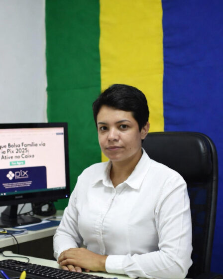 Mulher em escritório consulta saque Bolsa Família via Pix 2025 no Caixa Tem com bandeira do Brasil ao fundo