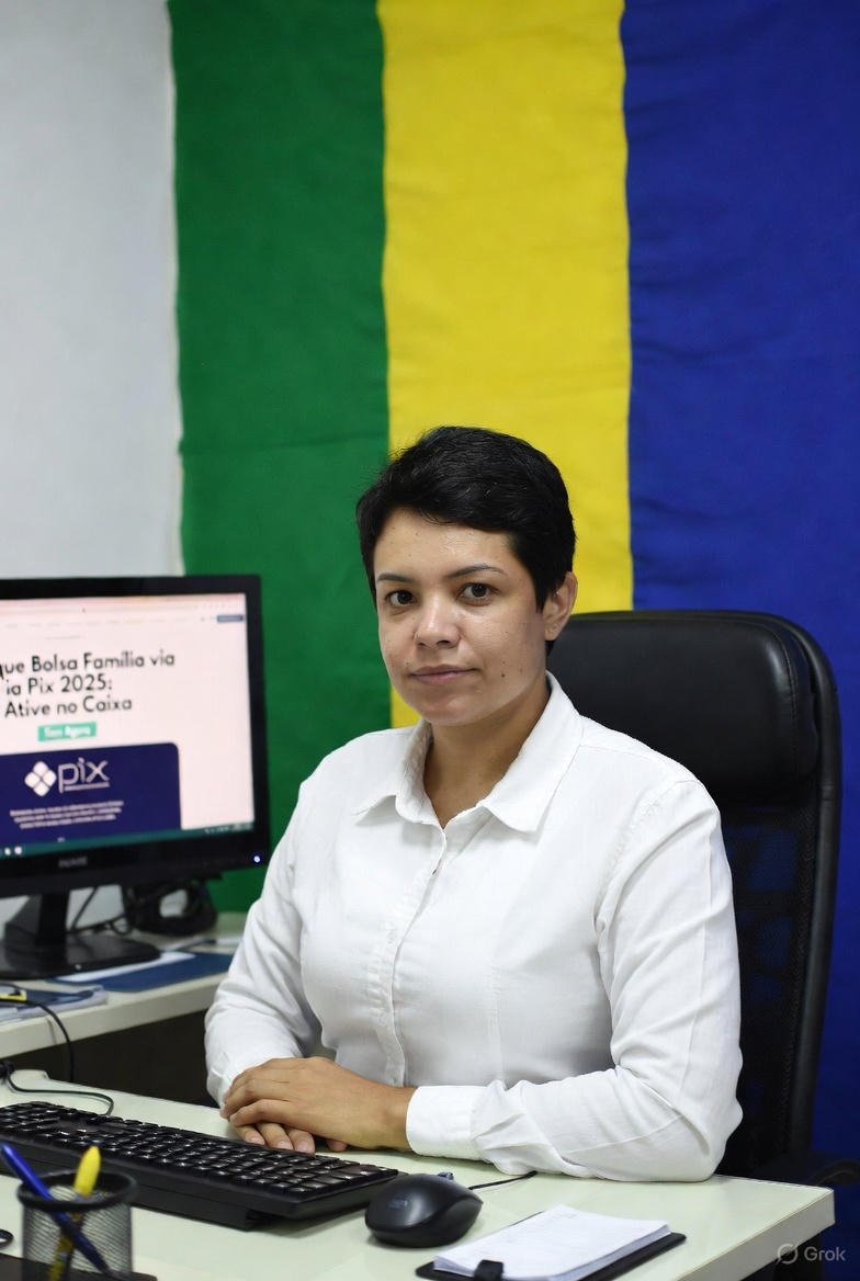 Mulher em escritório consulta saque Bolsa Família via Pix 2025 no Caixa Tem com bandeira do Brasil ao fundo