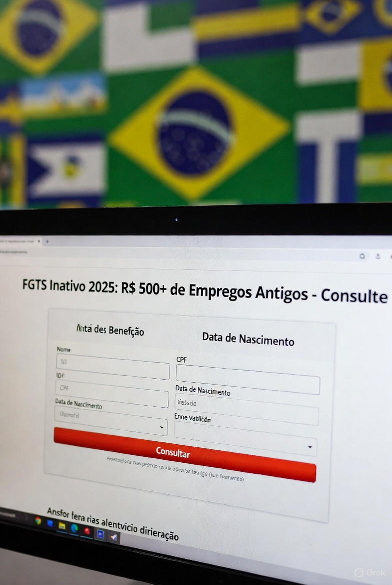 Tela de consulta FGTS Inativo 2025: R$ 500+ de empregos antigos com botão vermelho "Consultar" e bandeira do Brasil ao fundo