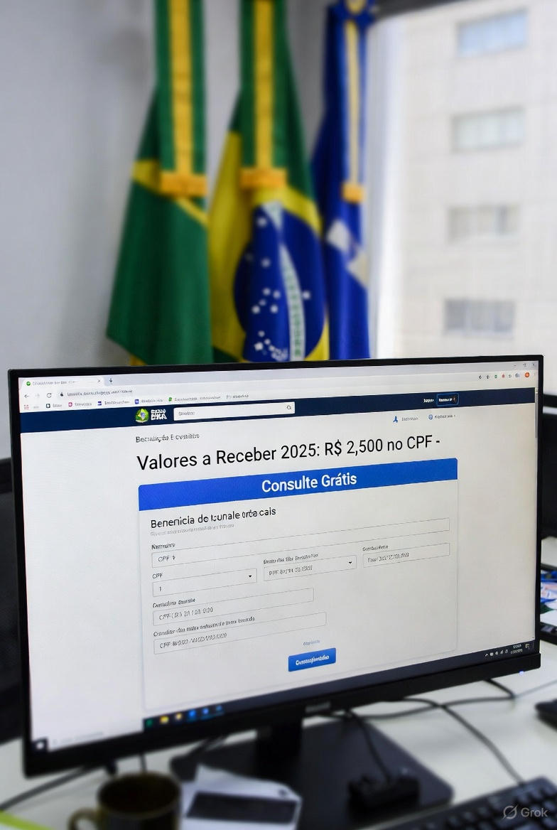 Tela Valores a Receber 2025: R$ 2.500 no CPF com botão azul "Consulte Grátis" e bandeira do Brasil ao fundo